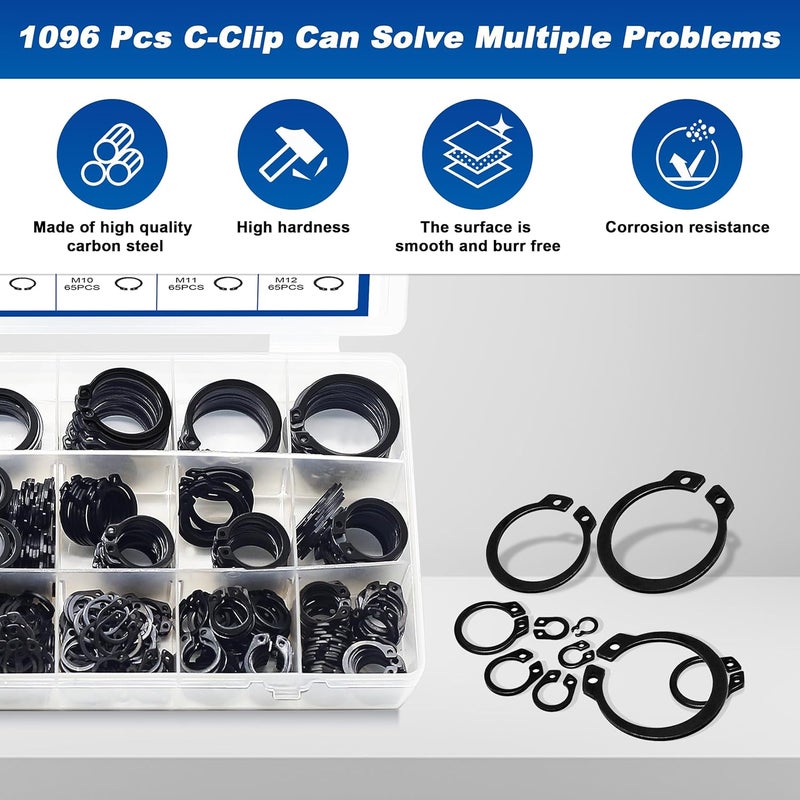 Daptemn External Retaining Rings Assortment Kit, 1095 PCS Circlip Snap Retaining C-Clips Black Alloy Steel Rings and 1 PC Tweezers, Includes Sizes of M4-M28 - Image 4